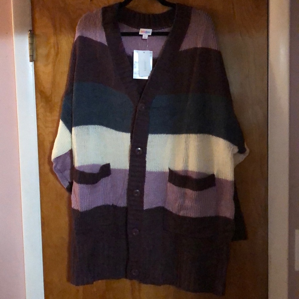 LuLaRoe Multicolor Striped Knit Cardigan - Purple, Cream, Blue, Brown
